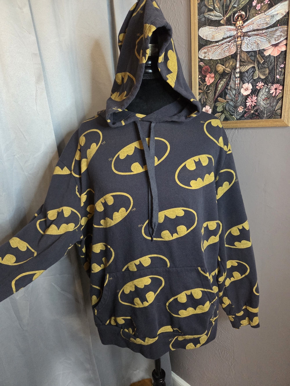 Batman Men’s Crewneck Hoodie Sweatshirt - Black with Yellow Logo All-Over